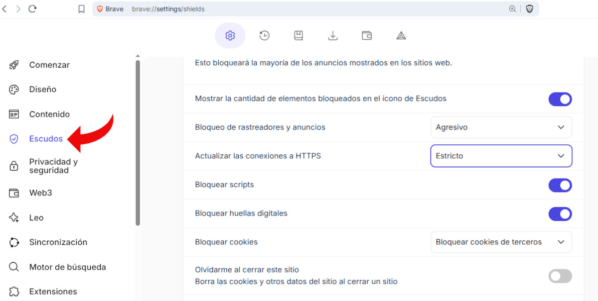Configuración de escudos en Brave