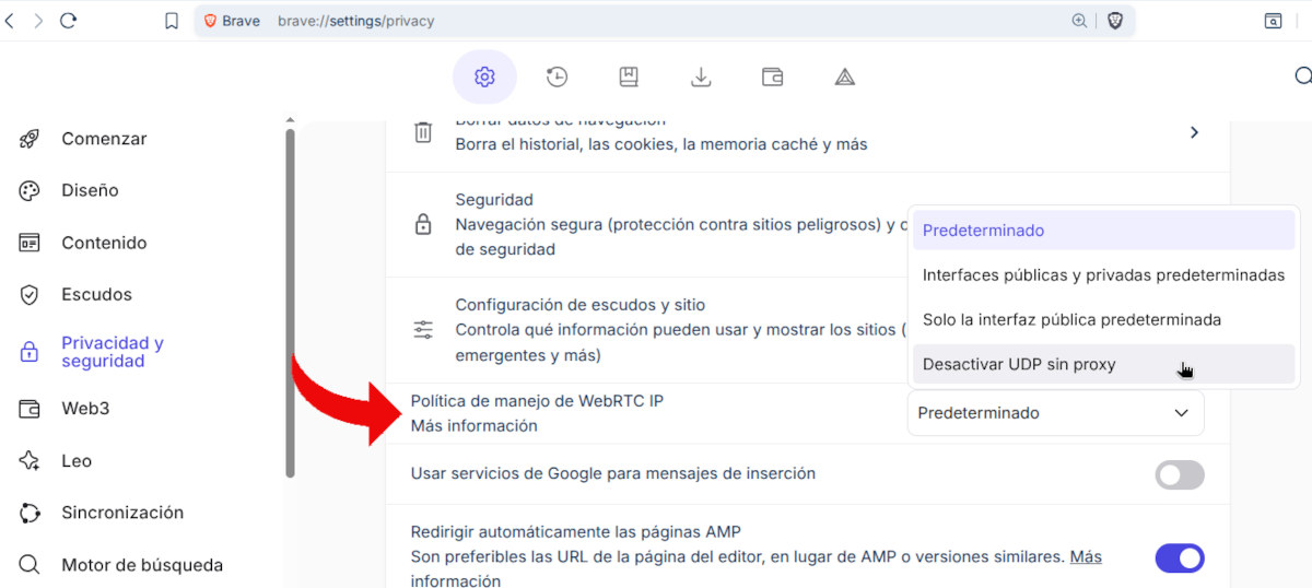 Desactivar WebRTC en Brave