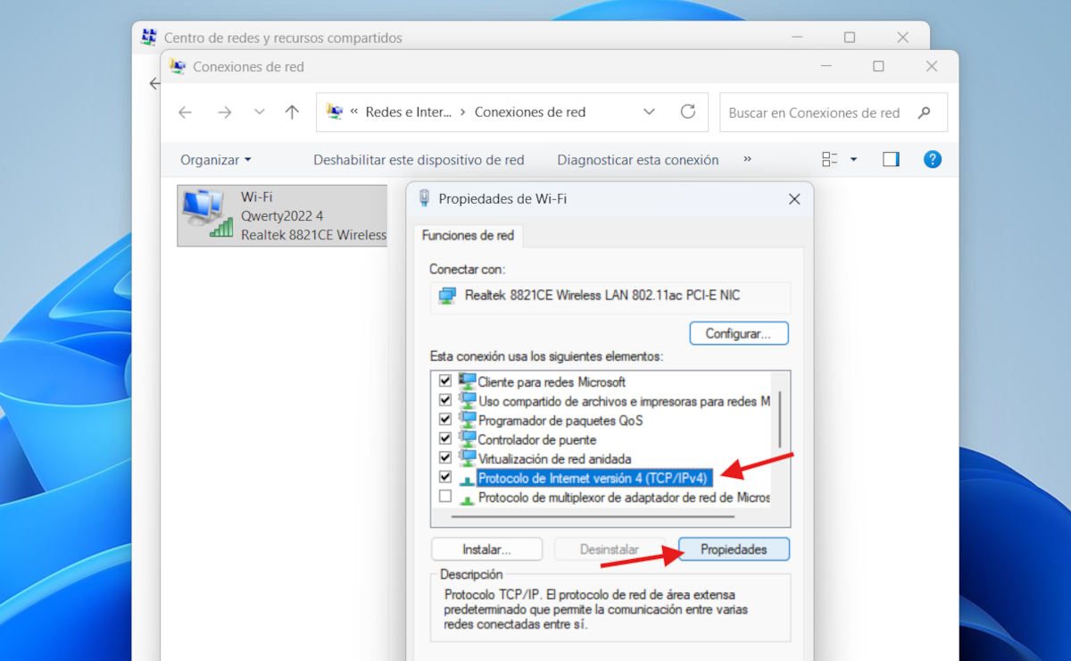 Propiedades de conexiones de red Windows 11