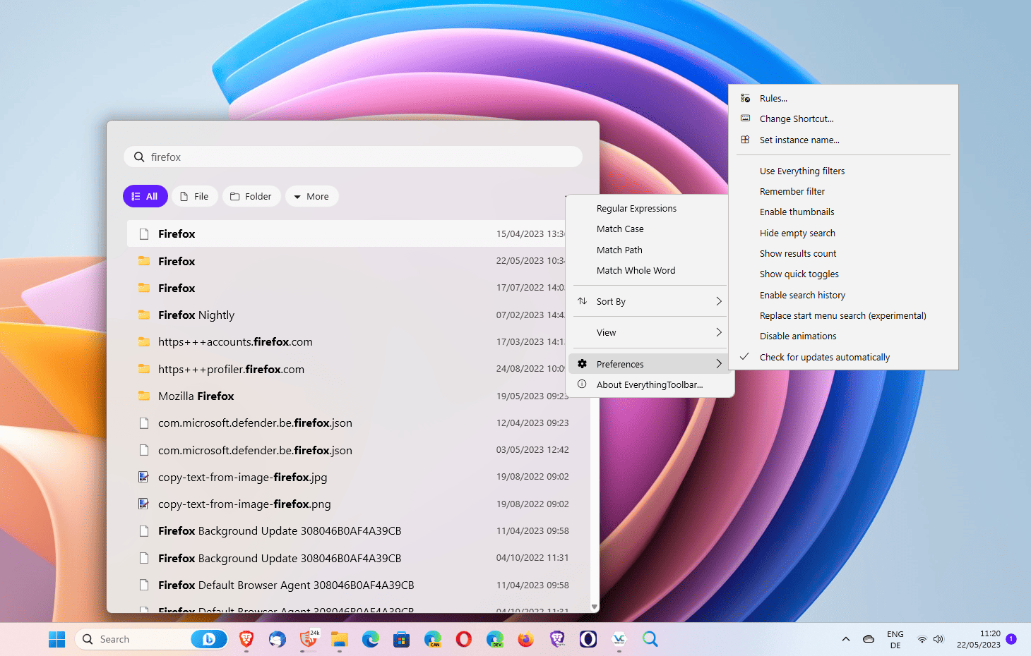 Interfaz de Everything Toolbar en la barra de tareas