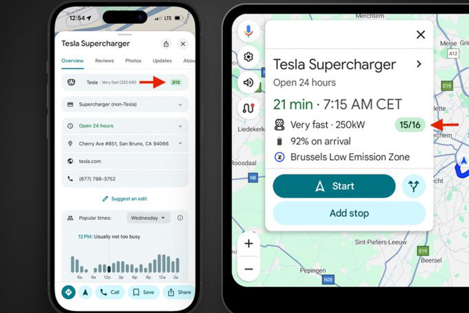 Google Maps y Tesla Supercargadores