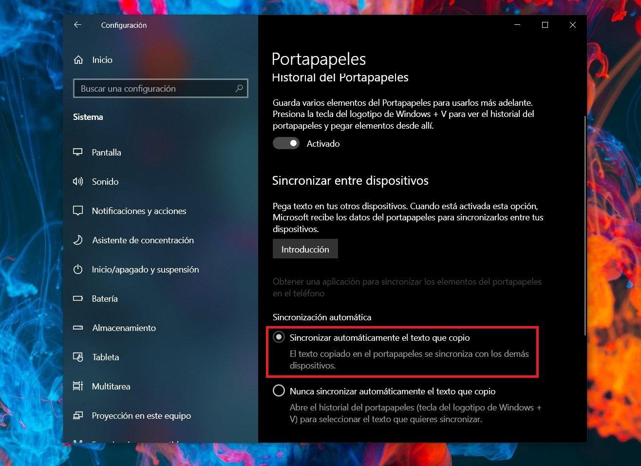sincronizar historial portapapeles Windows