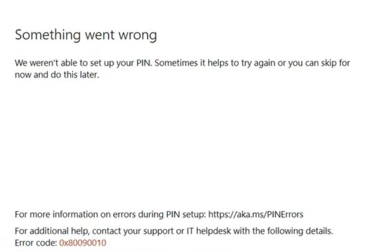 Pantalla de error Windows Hello PIN