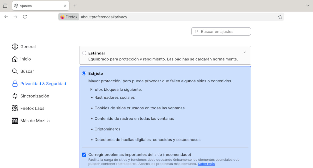 Firefox configuración estricta reducir el fingerprint