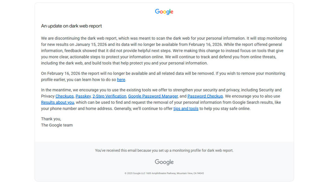 Proč Google vypíná funkci Dark Web Report?