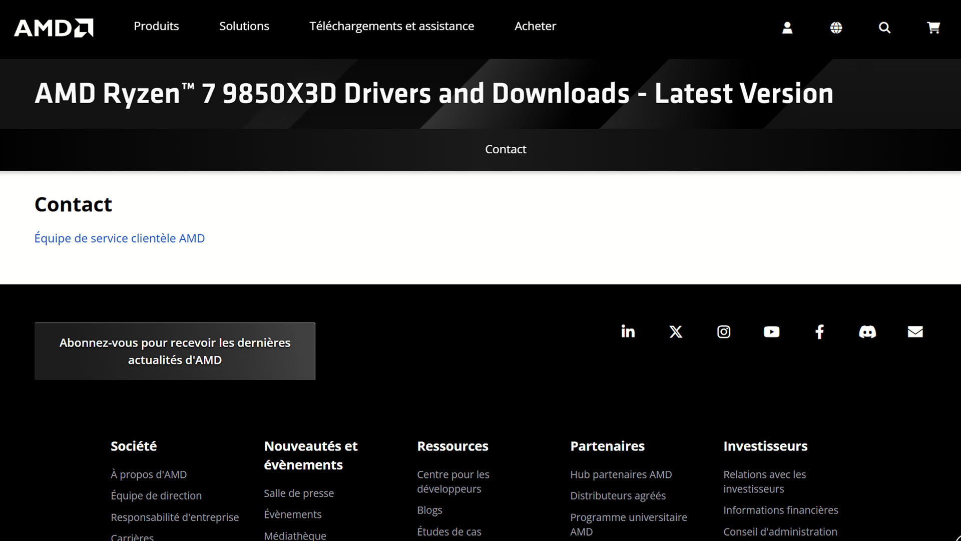 Ryzen 7 9850X3D en la página de Drivers and Downloads de AMD Francia