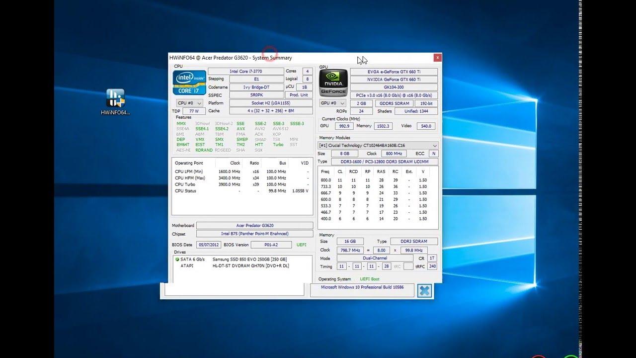 Interfaz de HWInfo para monitorizar hardware