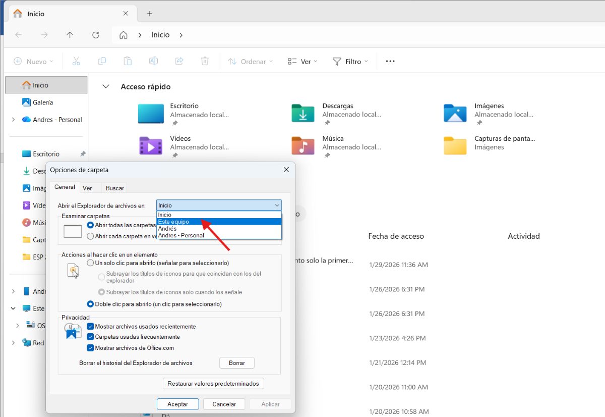 Cambiar el inicio a Este equipo