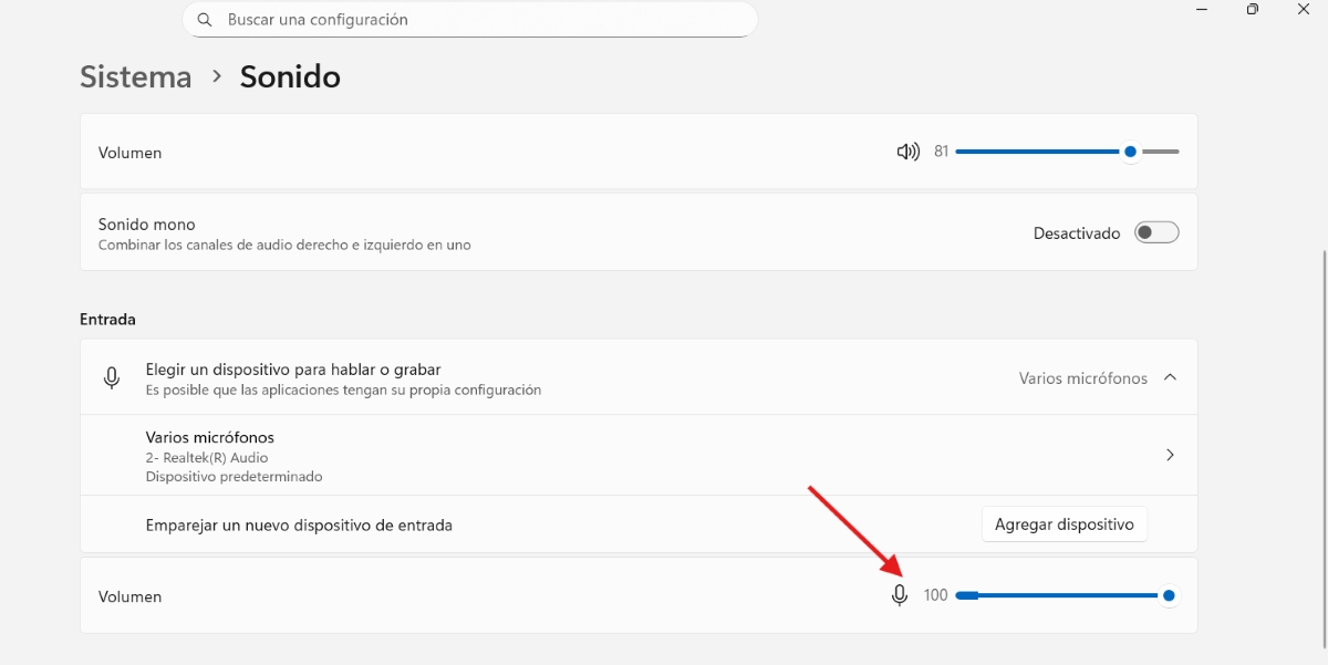 Windows detecta el micrófono, pero no graba audio, ajustar el volumen de entrada