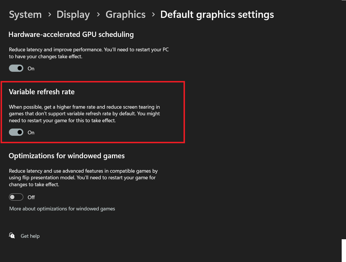 Cumasaigh VRR i Windows 11