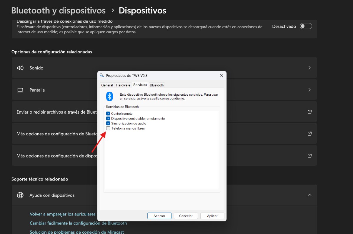 Desactivar la telefonía manos libres