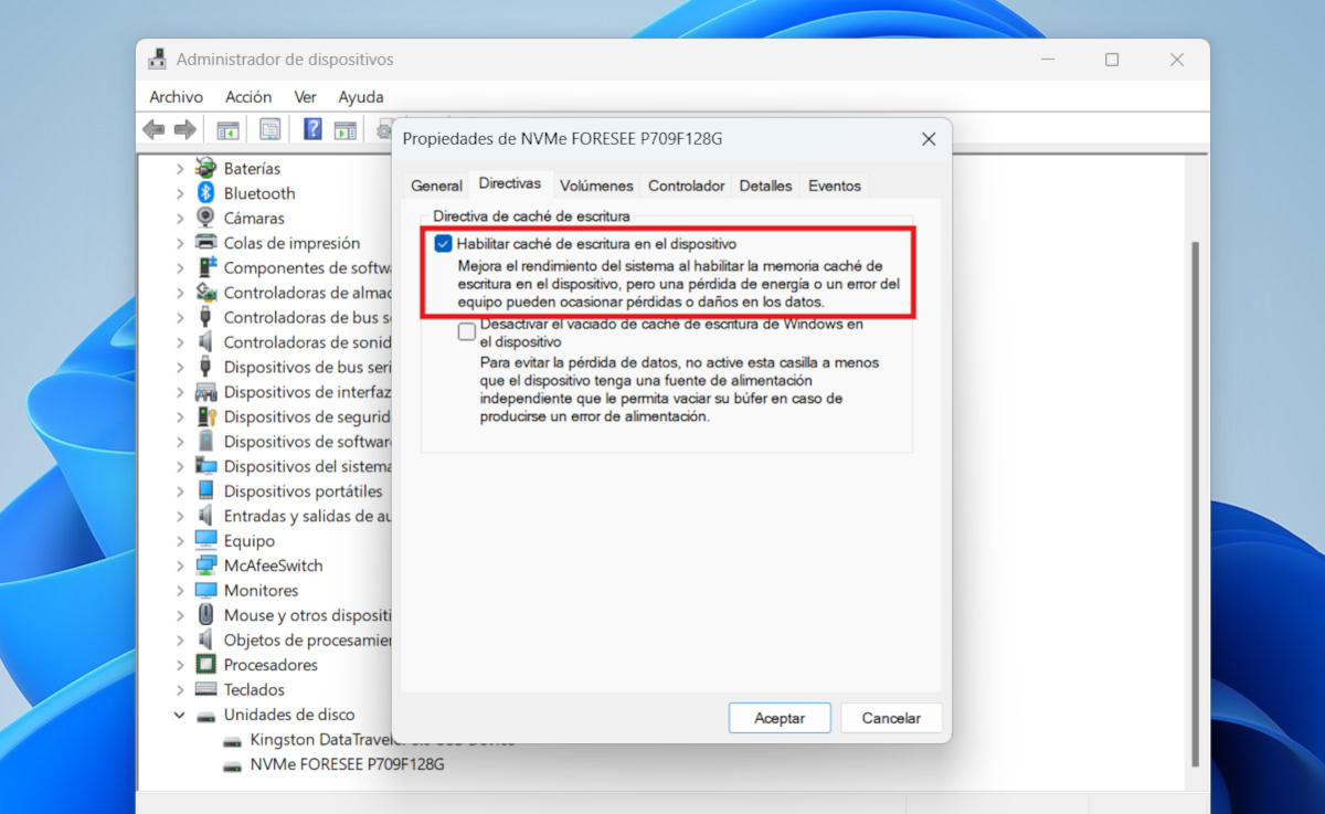 Habilitar el write caching en discos Windows