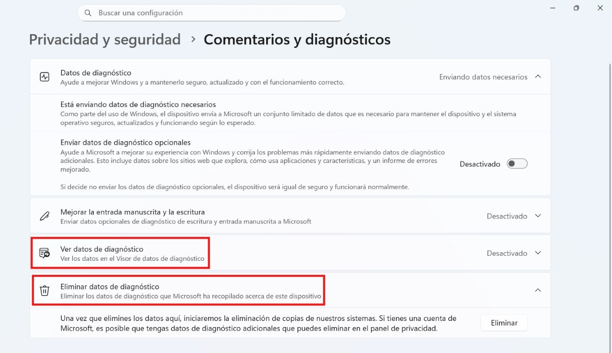 Revisar y borrar los datos de diagnóstico