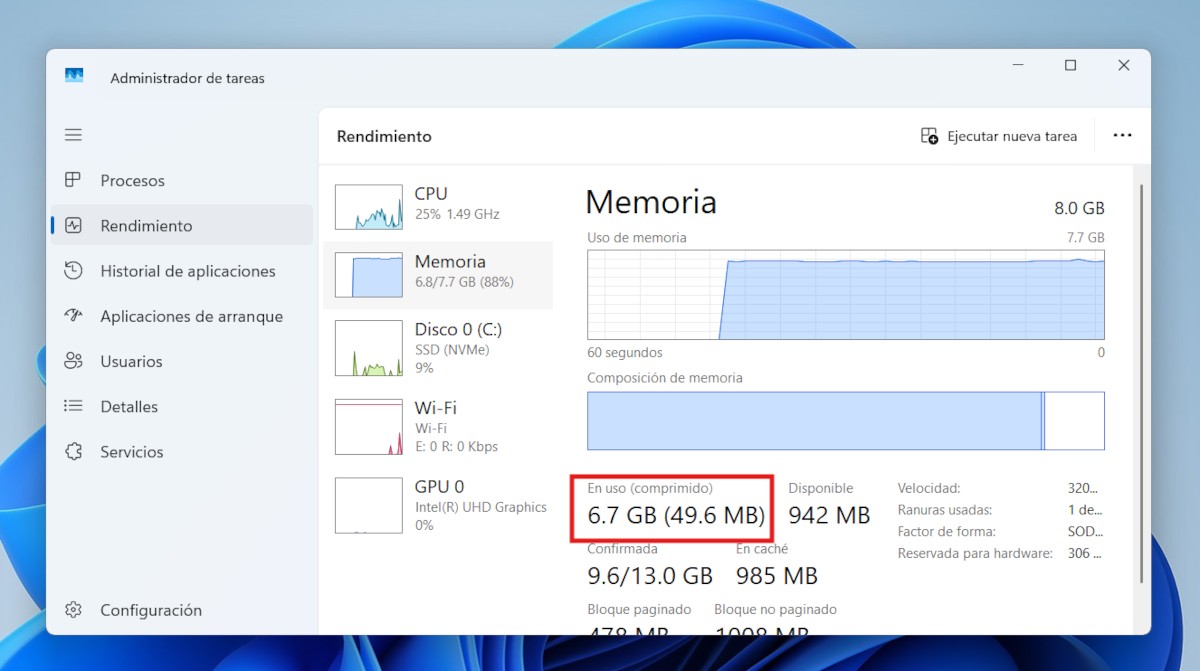 Comprobar si Windows está usando compresión de memoria desde el Administrador de tareas