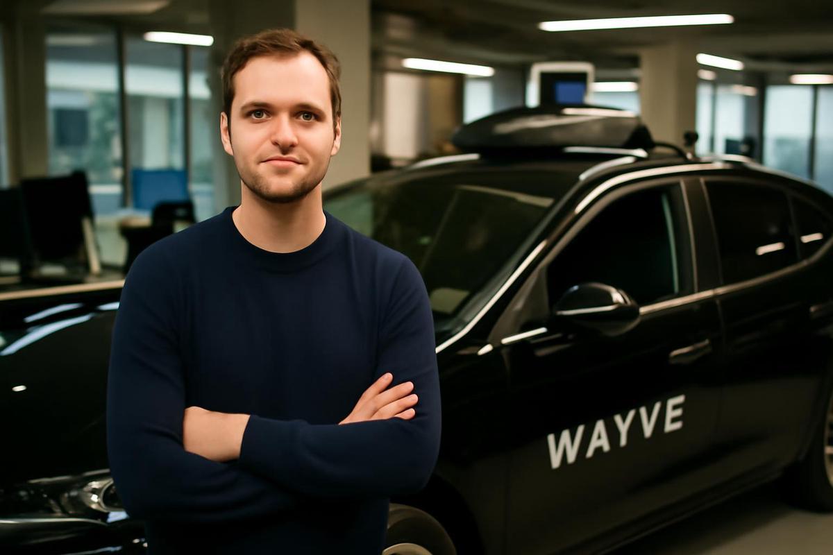 Vehículo autónomo Wayve en ciudad europea Vehículo autónomo Wayve en ciudad europea