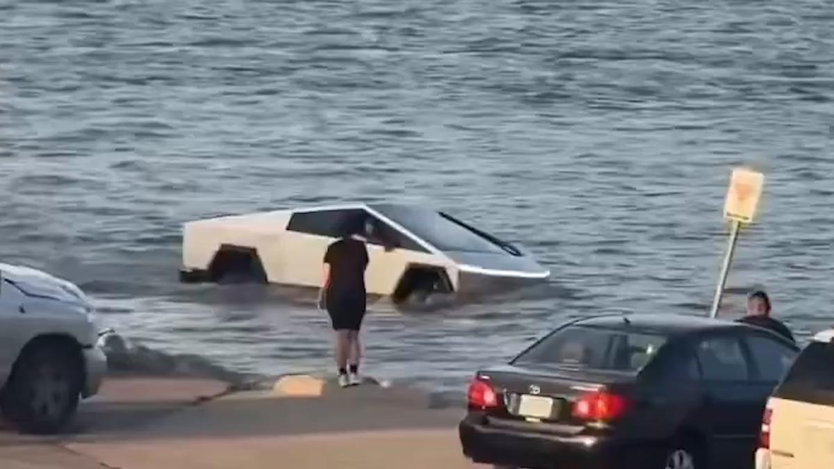 Coche Tesla cerca de un lago