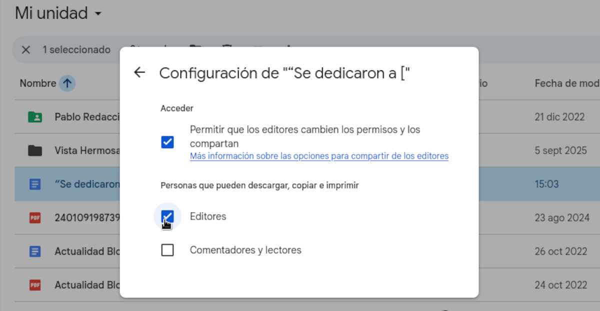 Ajustes avanzados de permisos Google Drive