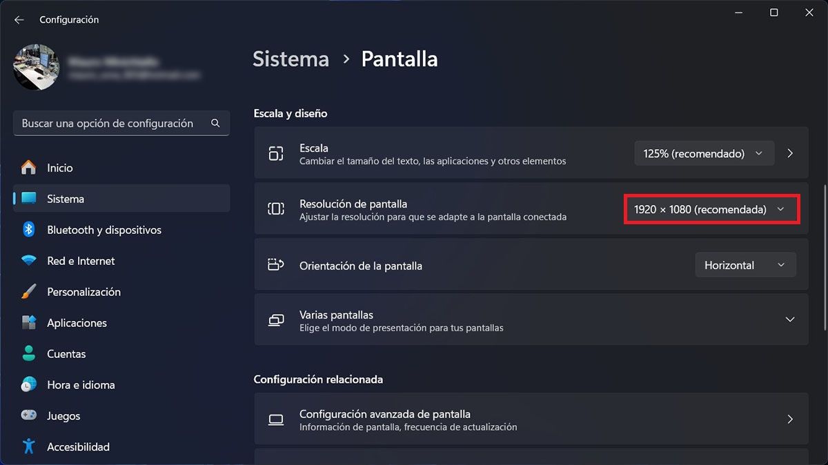 cambiar la resolución de pantalla desde el registro