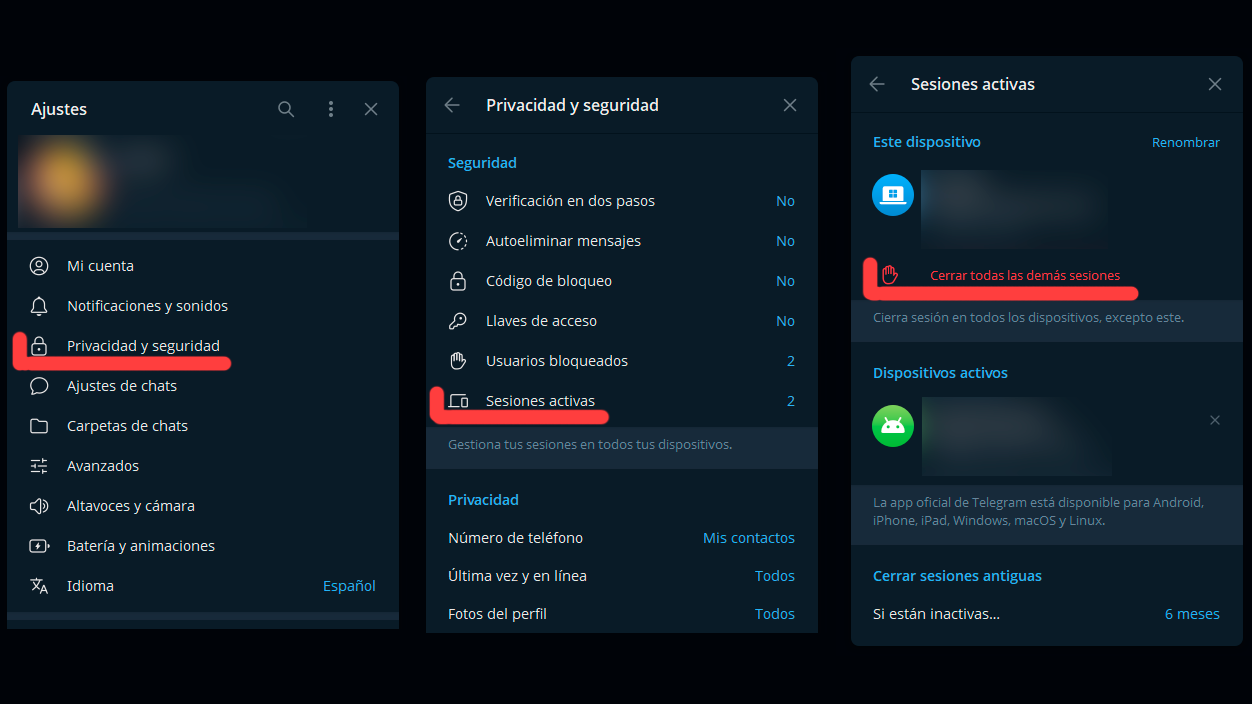 Como cerrar las sesiones activas en Telegram