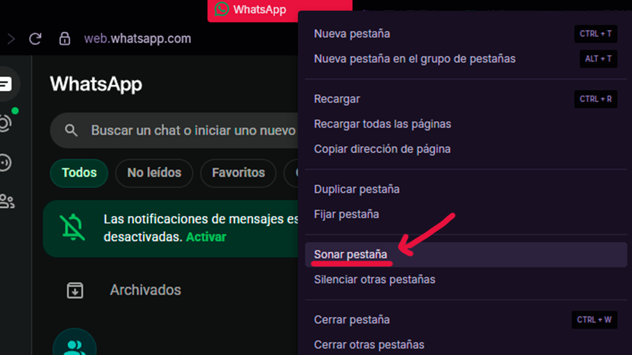 Comprobar que WhatsApp Web no está silenciado en el navegador
