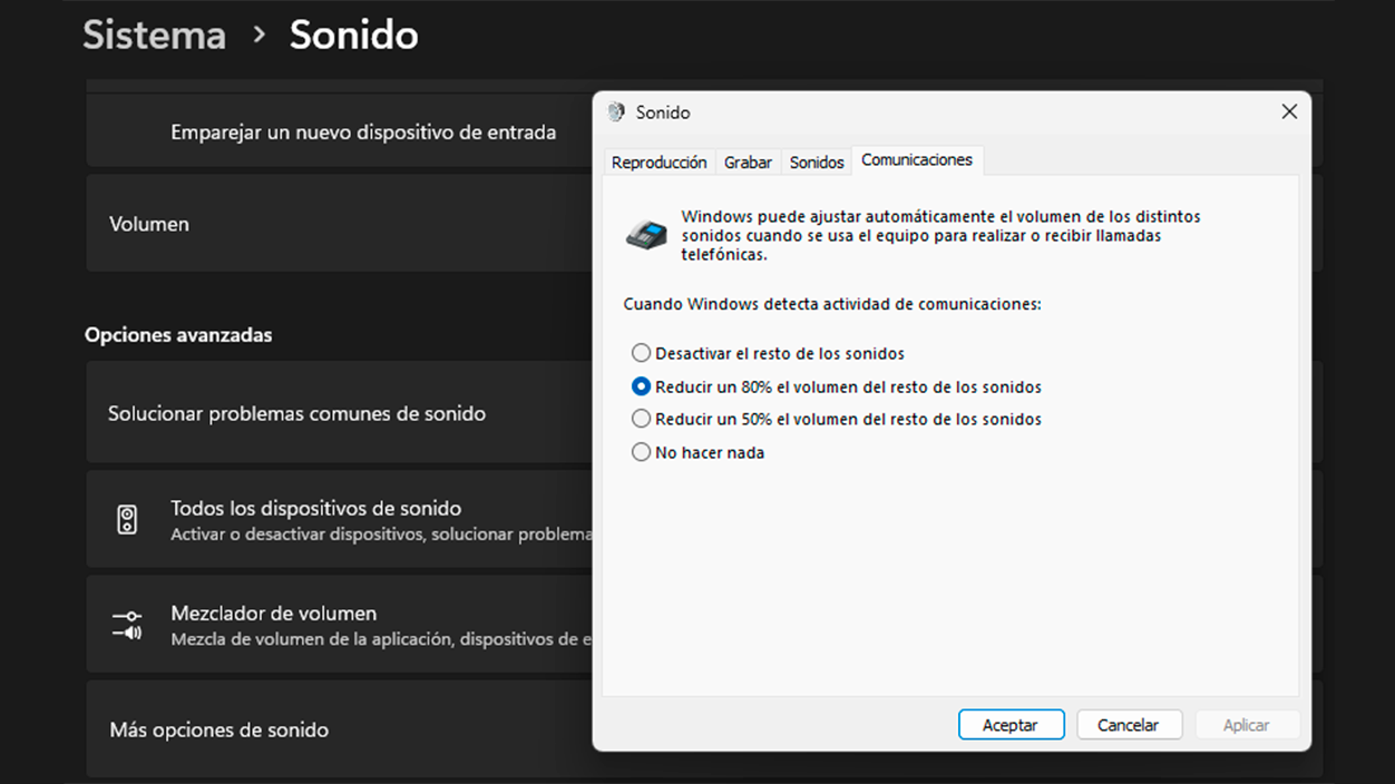 Configuración de comunicaciones de Windows reducir volumen sonidos