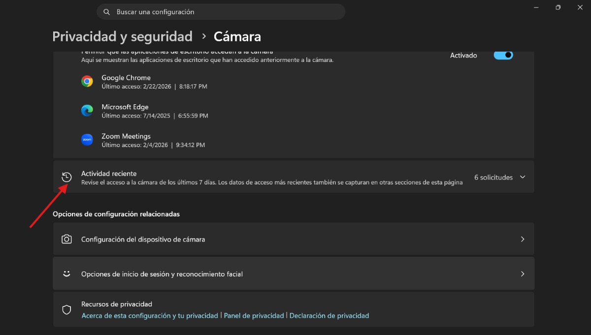 Configuración de privacidad cámara