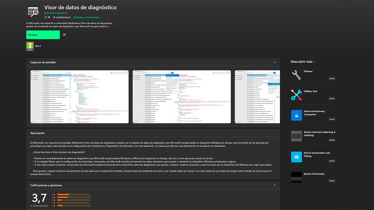 Descargar Visor de datos de diagnostico en Microsoft Store