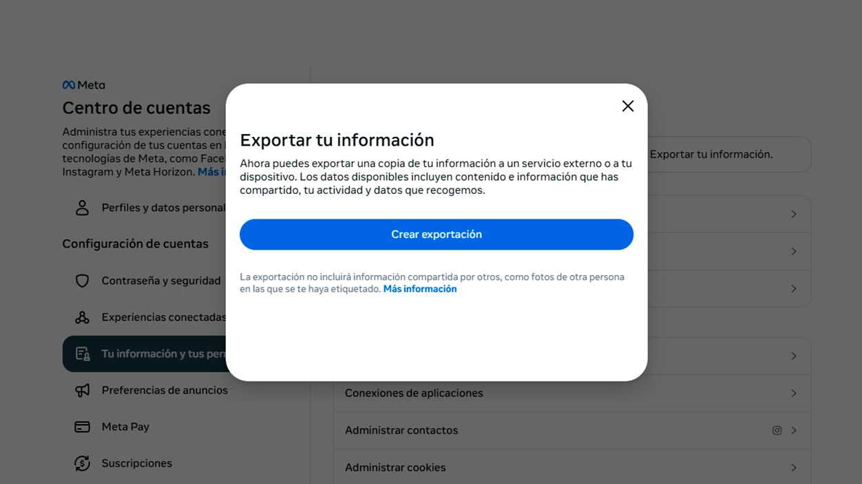 Exportar información centro de cuentas de Facebook