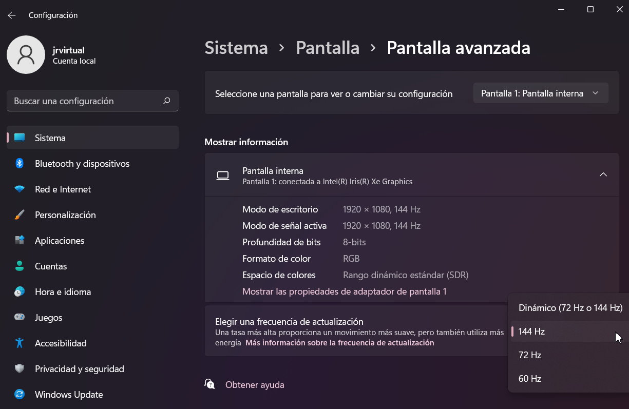 cambiar la frecuencia de actualización del monitor en Windows