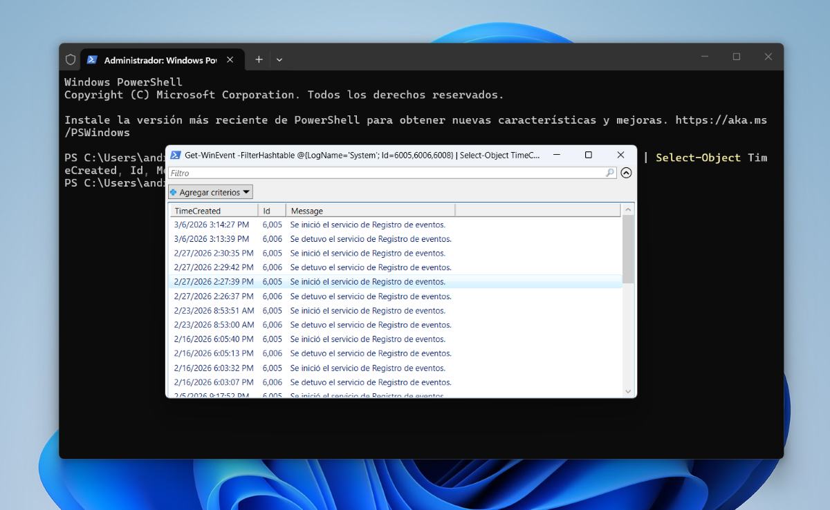 Historial completo de encendidos y apagados de tu PC PowerShell