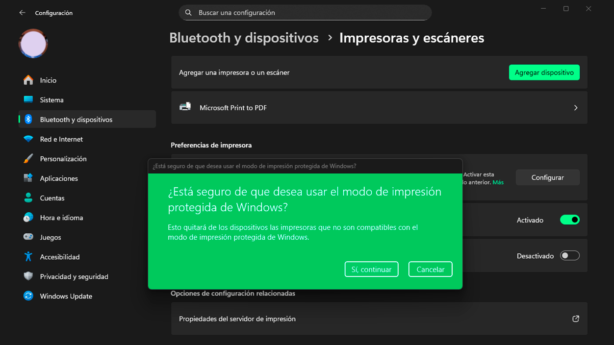 Modo de impresión protegida en Windows