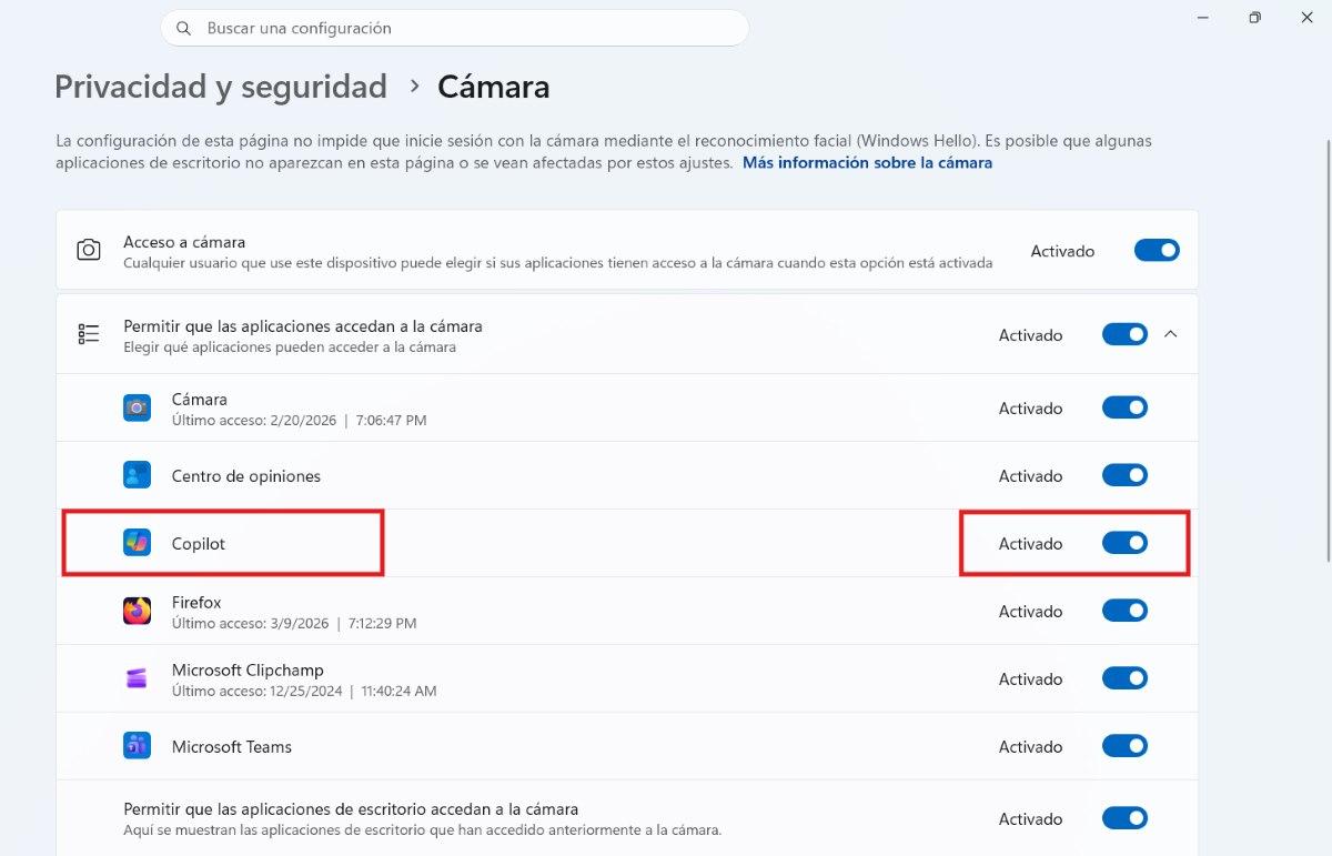 Ver qué aplicaciones están usando Copilot en Windows desde configuración