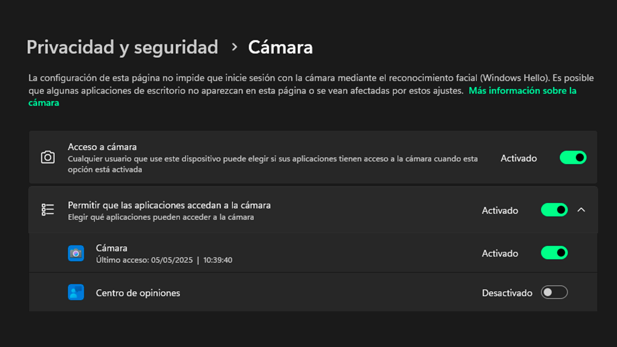 configuración de privacidad de la cámara en Windows 11