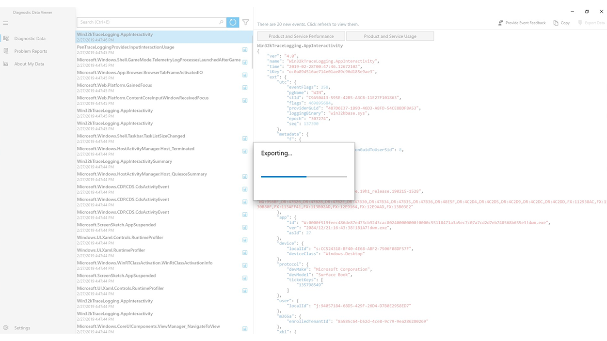 exportar datos Visor de datos de diagnóstico de Windows