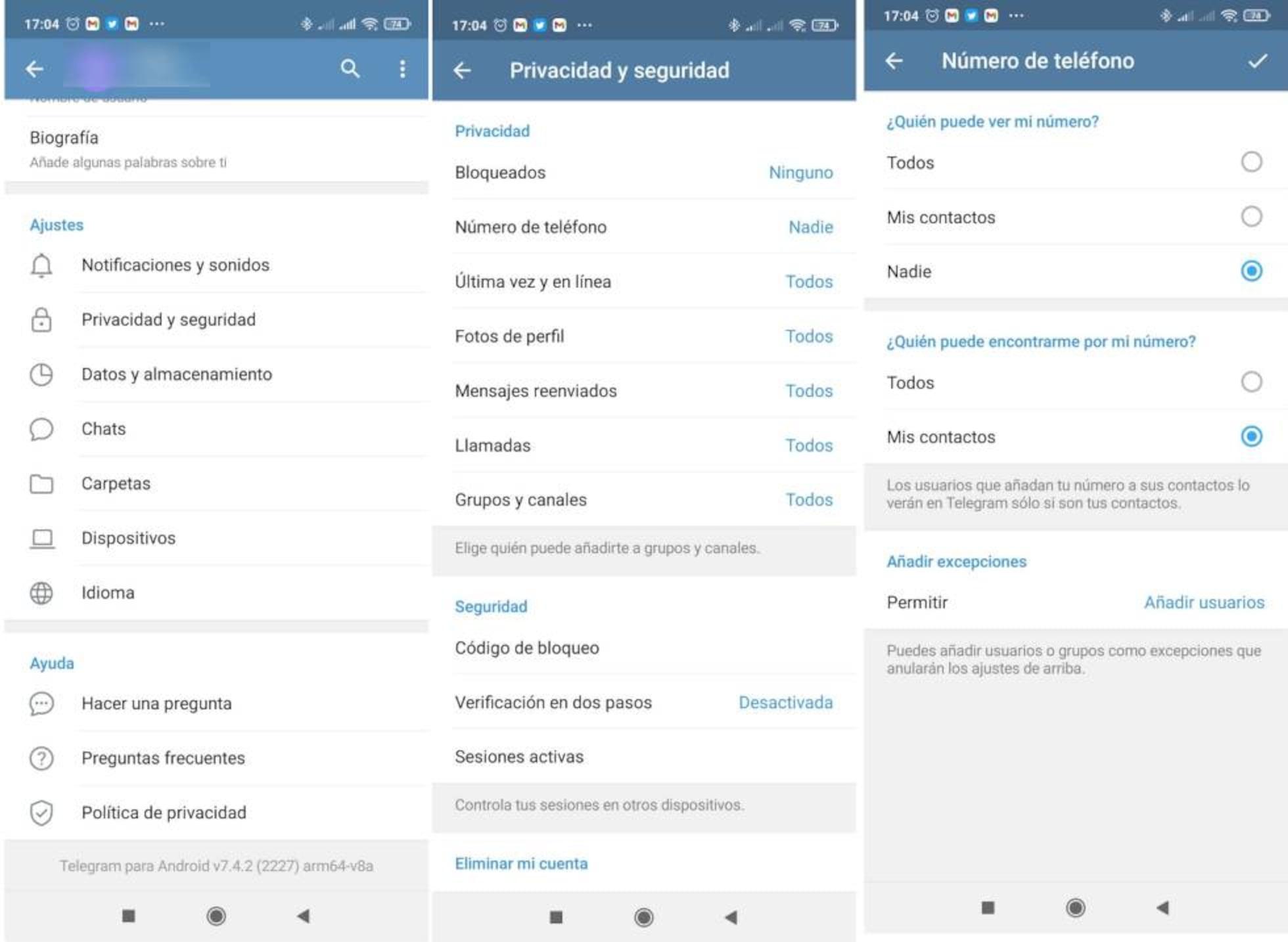 Privacidad en Telegram ocultar número de teléfono