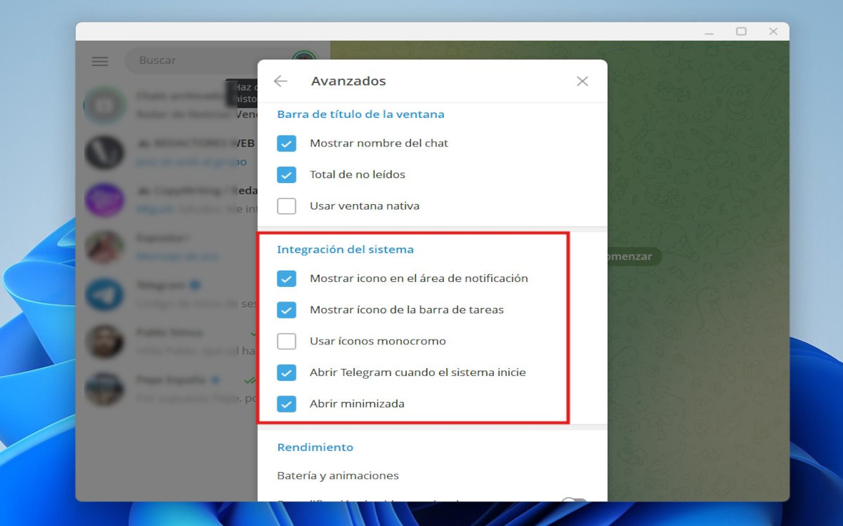 Ajustes avanzados Telegram Desktop