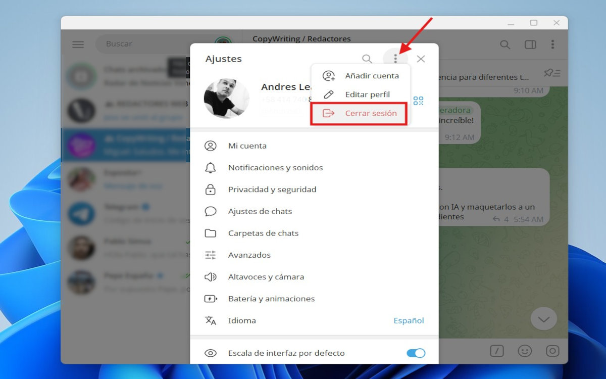 Cerrar sesión en Telegram PC