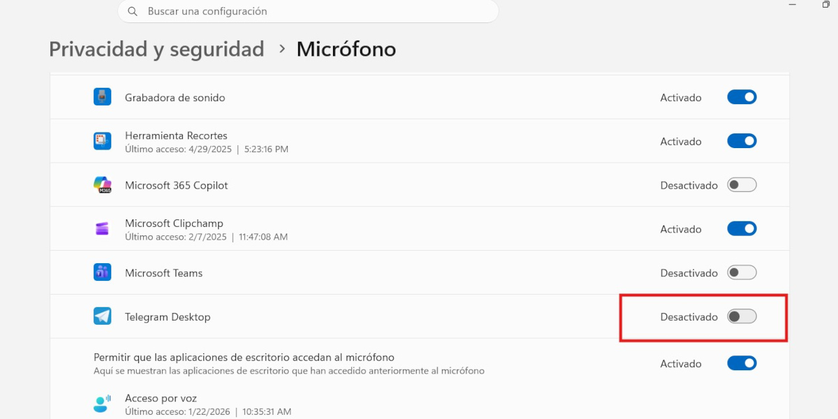 Conceder permisos a Telegram en Windows