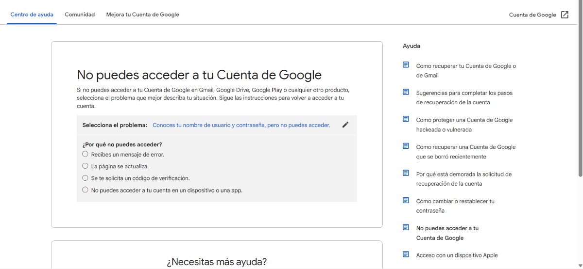 Formulario de recuperación Google