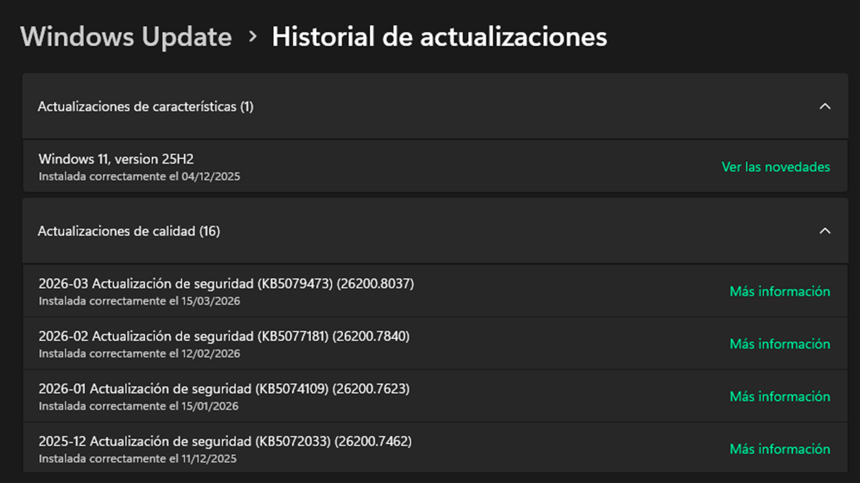 Historial de actualizaciones de Windows Update