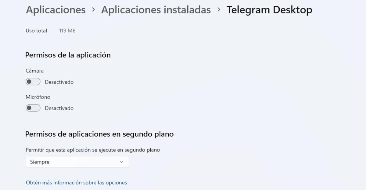 Permisos de Telegram en Windows