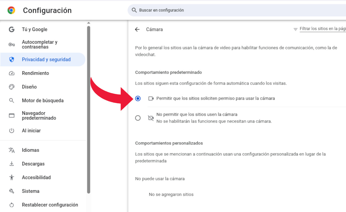 Permisos de cámara en Chrome