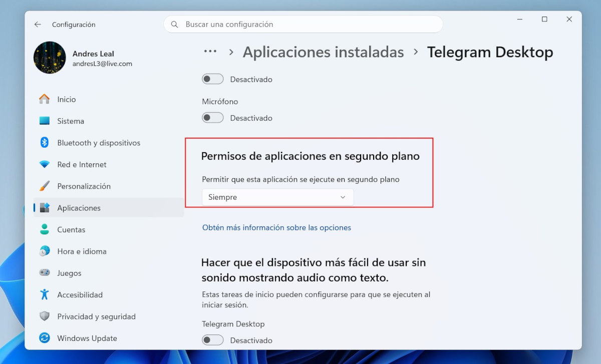 Permitir que Telegram funcione en segundo plano