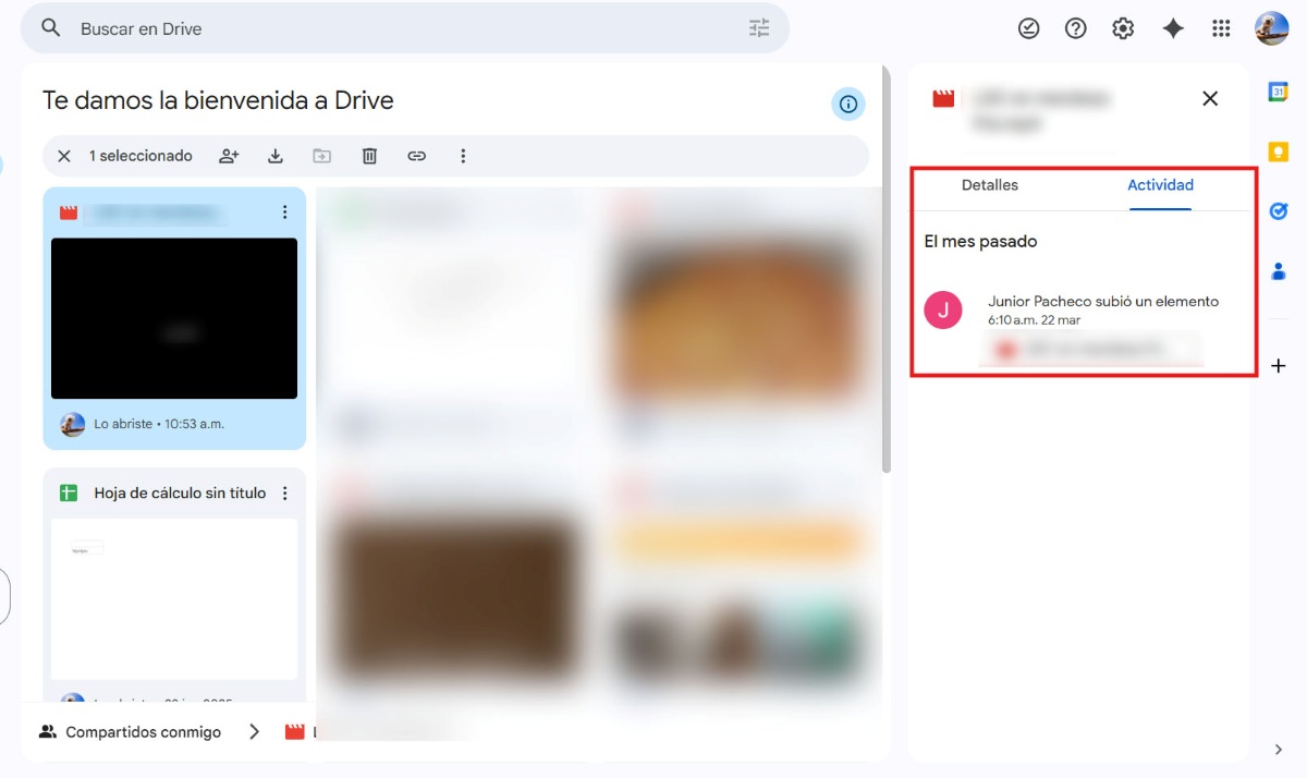 Quien ha sido la última persona en editar o tocar un archivo en Google Drive, panel de Detalles