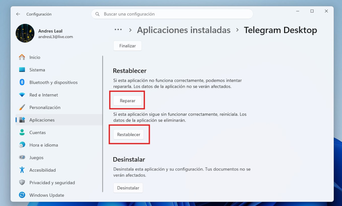Restablecer o reparar Telegram en Windows
