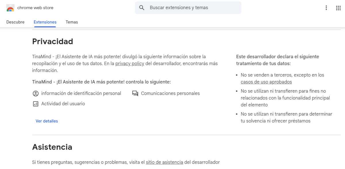 Sección de Privacidad en una extensión de Chrome