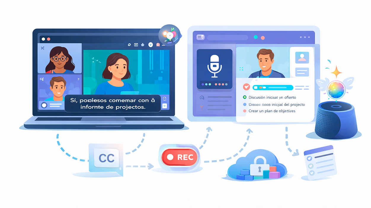 Transcripción, subtítulos, grabaciones y reconocimiento en reuniones