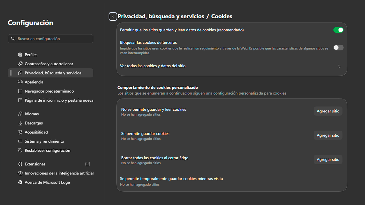 comprobar cookies en edge