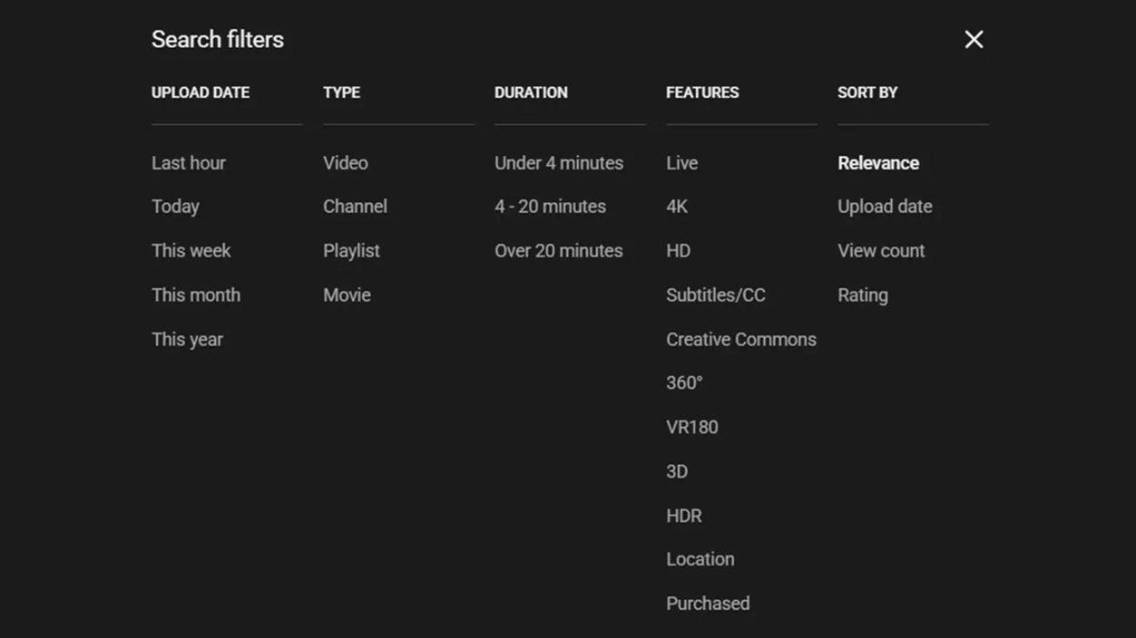 filtros de busqueda en YouTube