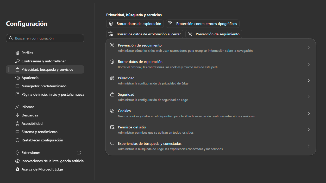 limpieza manual del historial y las cookies en Edge
